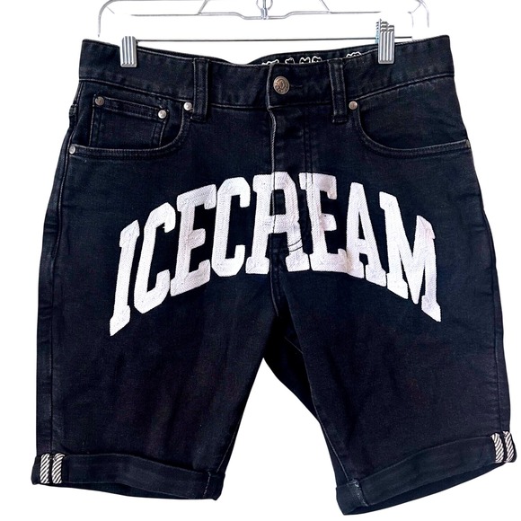 Icecream Black Denim Shorts Graphic Logo Back Pockets Cuffed‎ Size 30 411-3103 - Picture 1 of 9